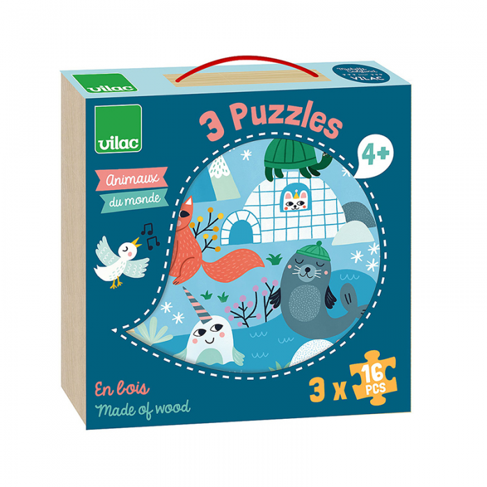 coffret puzzles bois 3X16p animaux du monde