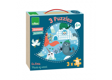 coffret puzzles bois 3X16p animaux du monde