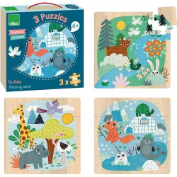 coffret puzzles bois 3X16p animaux du monde